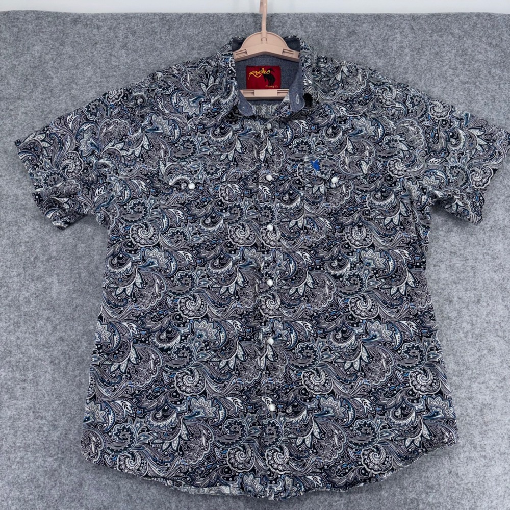 Rodeo Clothing Co Mens XL Blue Paisley Western Pearl Snap Short Sleeve Shirt